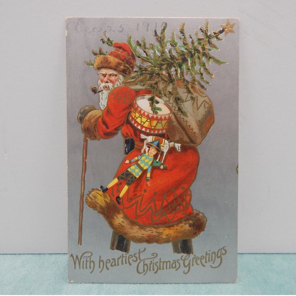 Antique Christmas Postcard Santa Claus Red Robe Sack of Toys and Tree 1910
